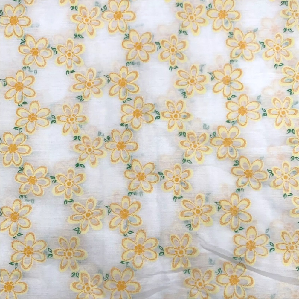 VTG White Yellow Green Flocked Floral Fabric 5 yards + 9" x 46" wide Sheer 1960s